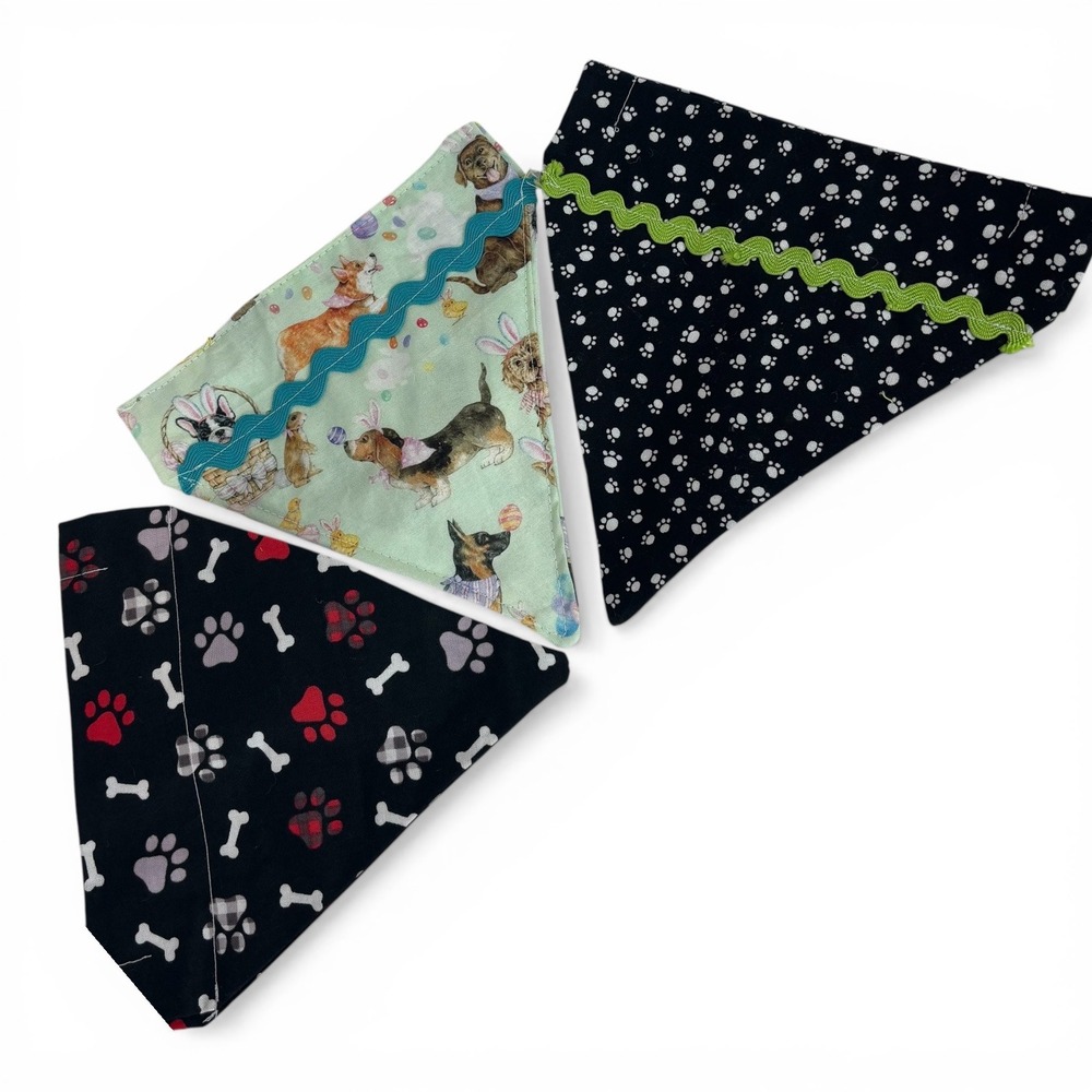 Handmade Dog Bandana Set of 3 Easter Dogs & Paws Print Rickrack‎ Trim